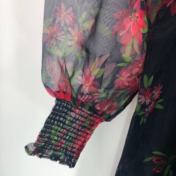 New NoTag Rachel Parcell Floral Tie Neck Long Sleeve Organza Satin Dress Size 4 - Picture 4 of 8